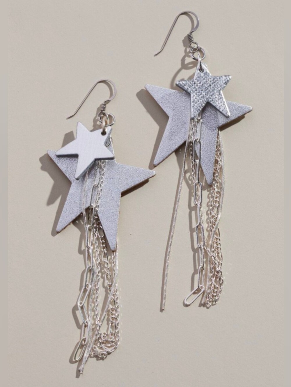Nickel And Suede Silver Star Zeppelin Drop Earrings with Chain Fringe NEW - Picture 2 of 2